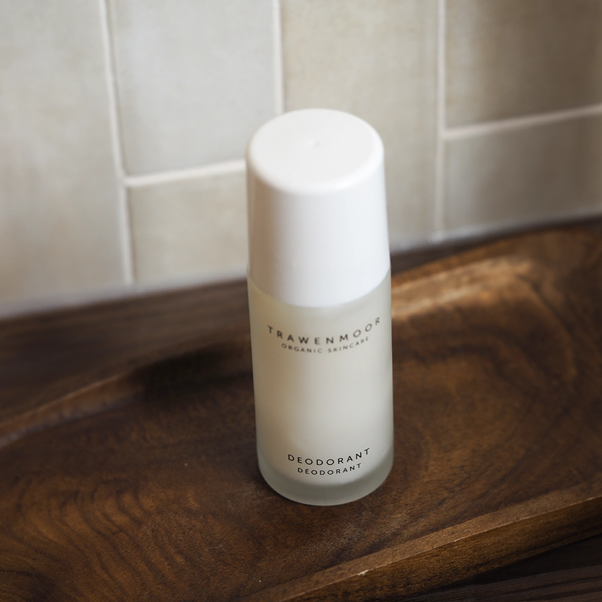 Trawenmoor deodorant in bathroom on wooden surface